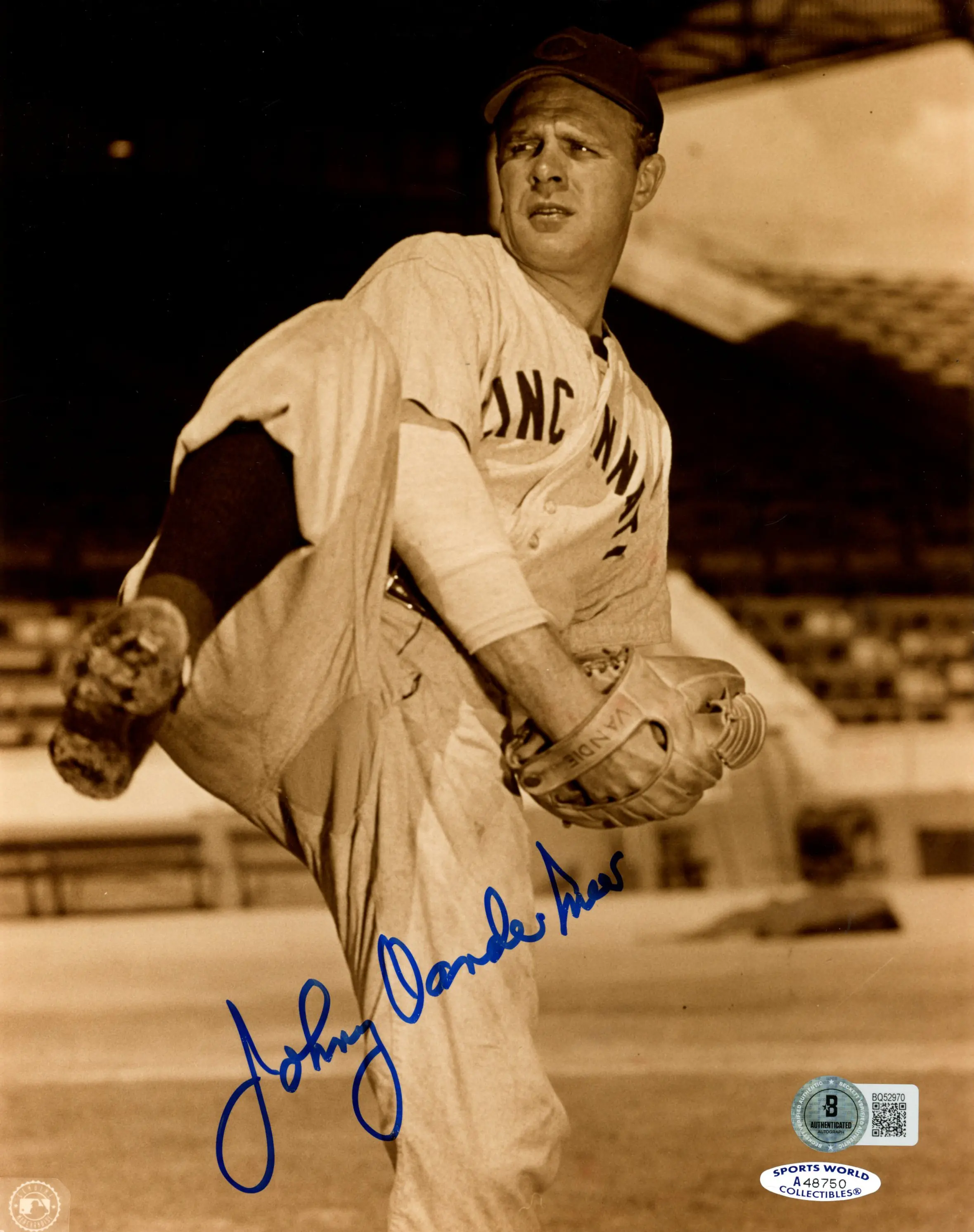 Johnny Meer Autographed/Signed Cincinnati Reds 8x10 Photo Beckett 57428