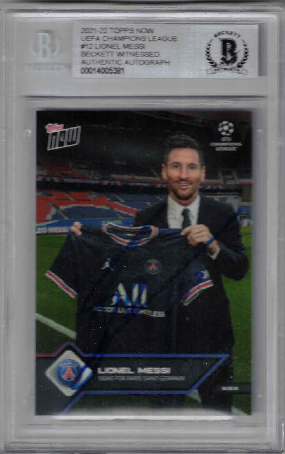 Lionel Messi Autographed 2021 Topps Now #12 PSG Trading Card BAS Slab