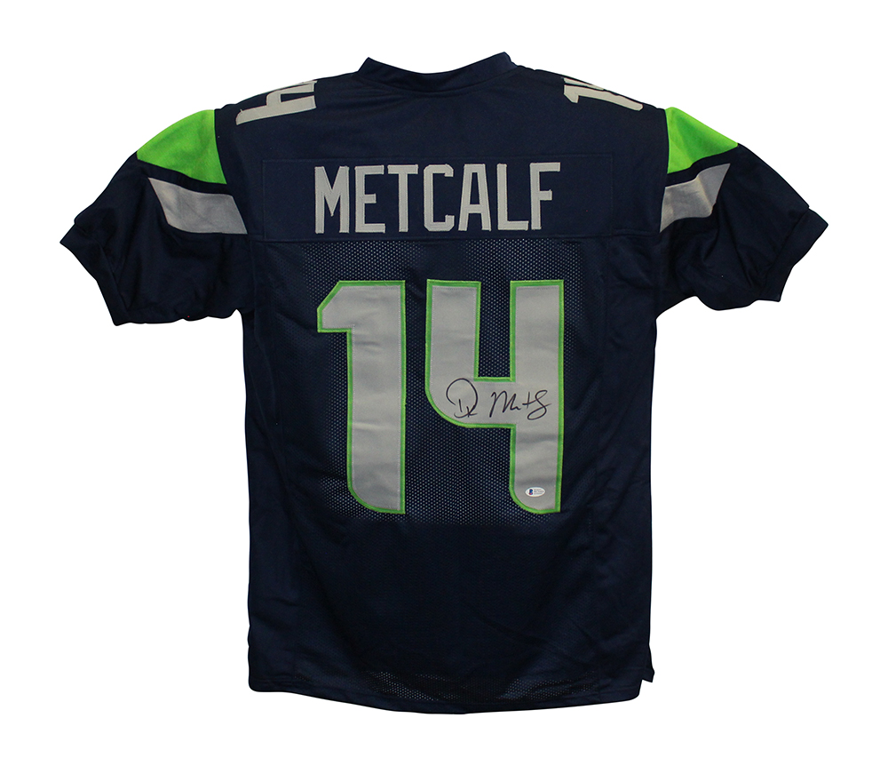 DK Metcalf Autographed/Signed Pro Style Blue XL Jersey BAS 28326