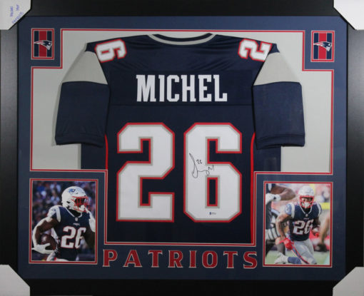 Sony Michel Autographed New England Patriots Framed Blue XL Jersey BAS 10984