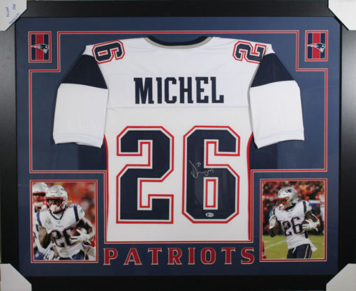 Sony Michel Autographed New England Patriots Framed White XL Jersey BAS 10985
