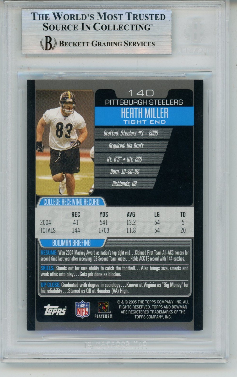 Heath Miller Autographed 2005 Bowman #140 Trading Card Slab Beckett 57096 2 Heath Miller Autographed 2005 Bowman #140 Trading Card Slab Beckett 57096