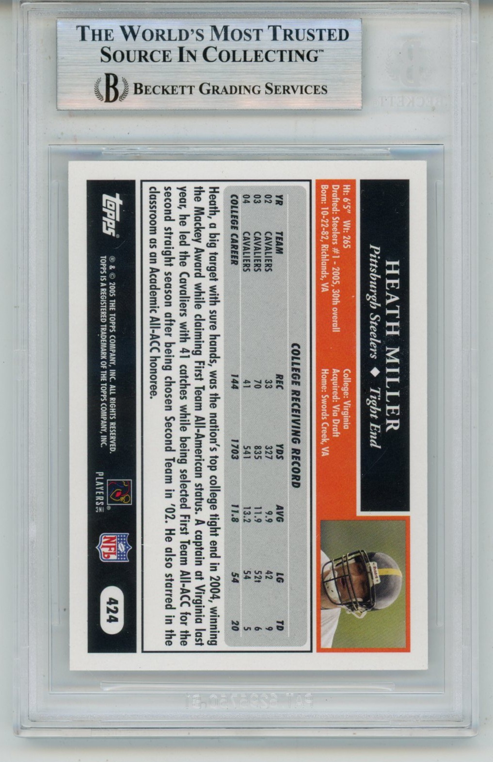 Heath Miller Autographed 2005 Topps #424 Trading Card Slab Beckett 57107 2 Heath Miller Autographed 2005 Topps #424 Trading Card Slab Beckett 57107