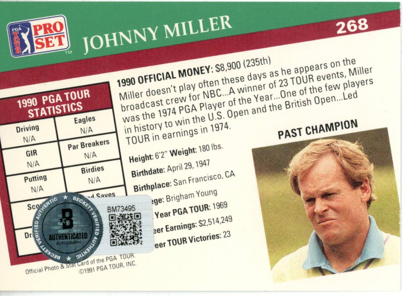 Johnny Miller Autographed 1991 Pro Set #268 Trading Card Beckett 44911