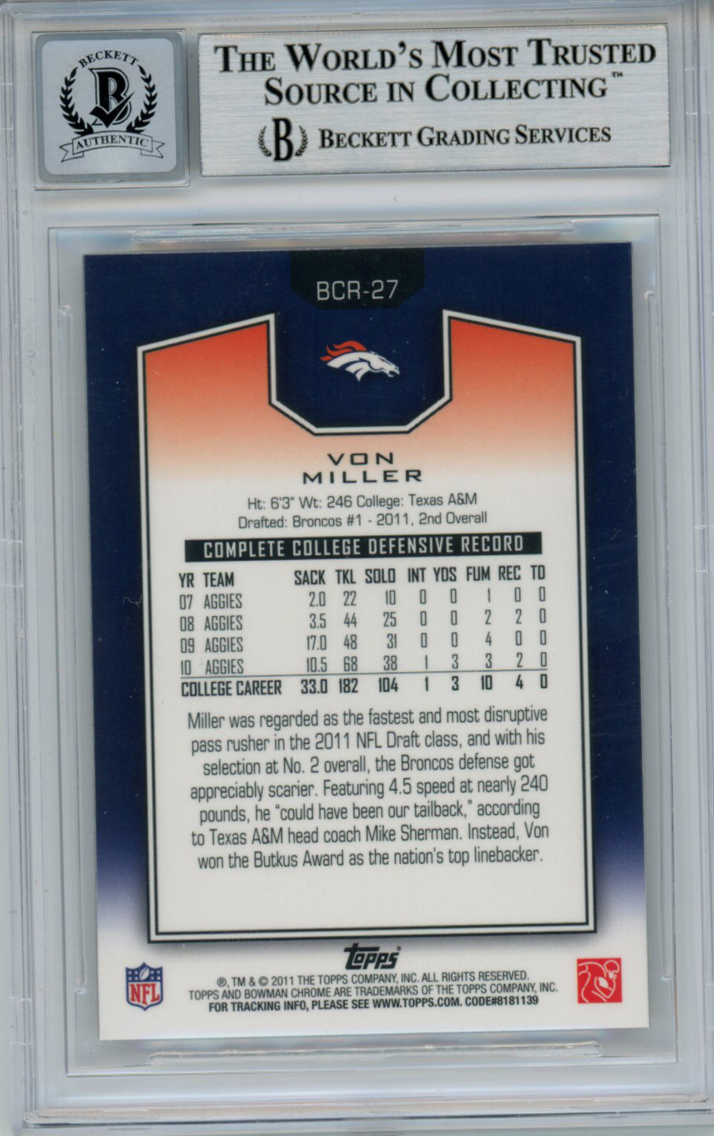 Von Miller Signed 2011 Bowman Chrome BCR27 Rookie Card Beckett Slab Denver Autographs