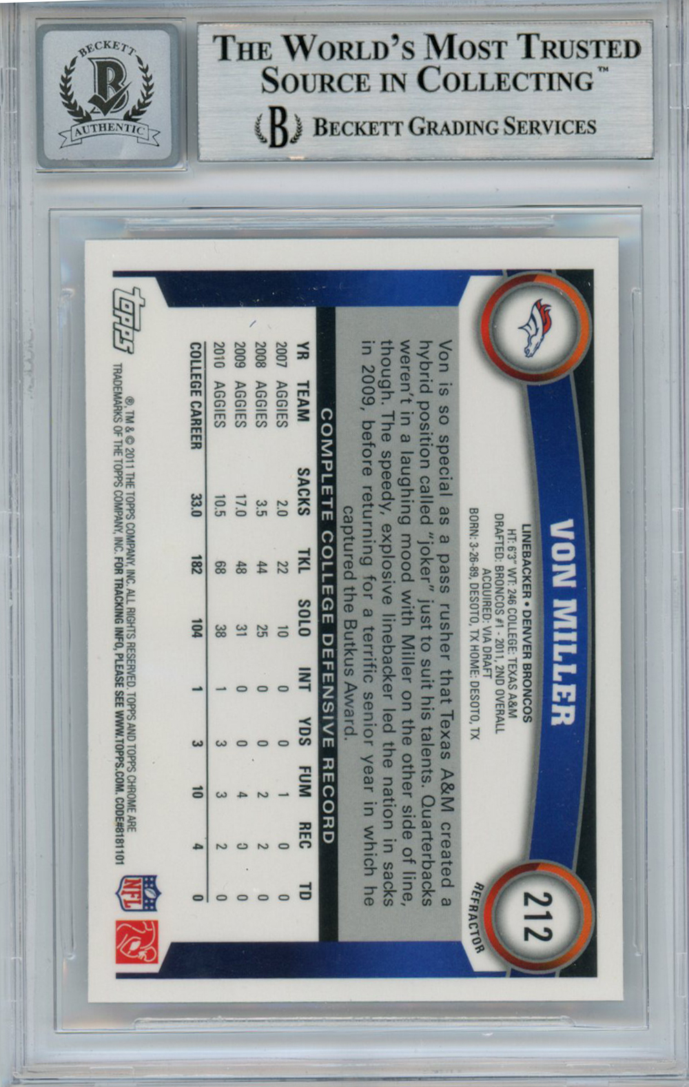 Von Miller Signed 2011 Topps Chrome 212 Rookie Card Beckett 10 Slab Denver Autographs