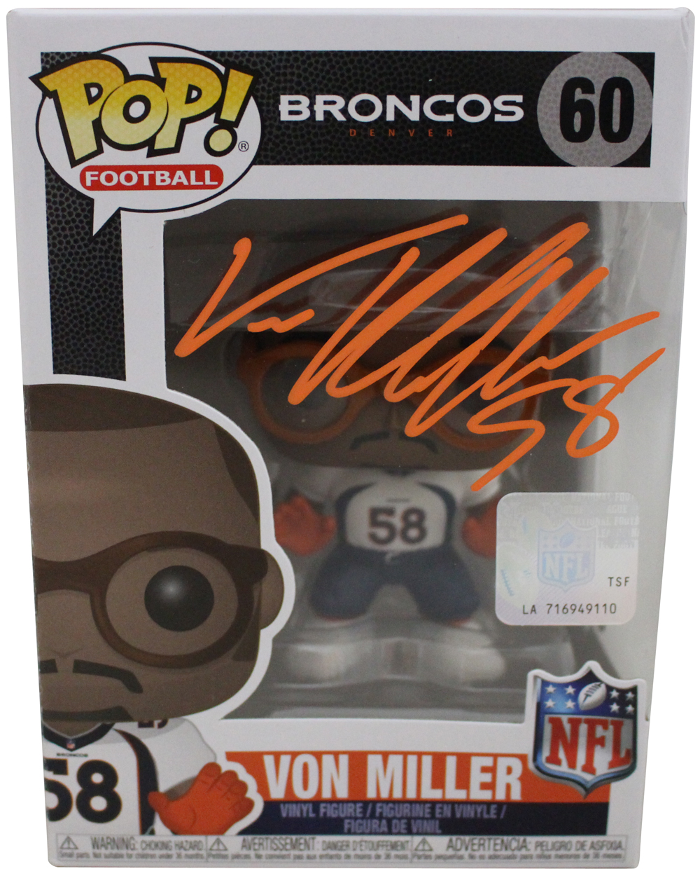 Von Miller Autographed/Signed Denver Broncos Funko Pop #60 Beckett BAS