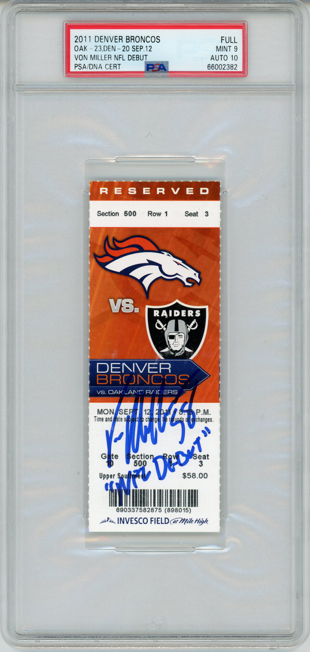 Von Miller Signed 9/12/2011 Ticket w/NFL Debut Grade 9 PSA 10 Slab