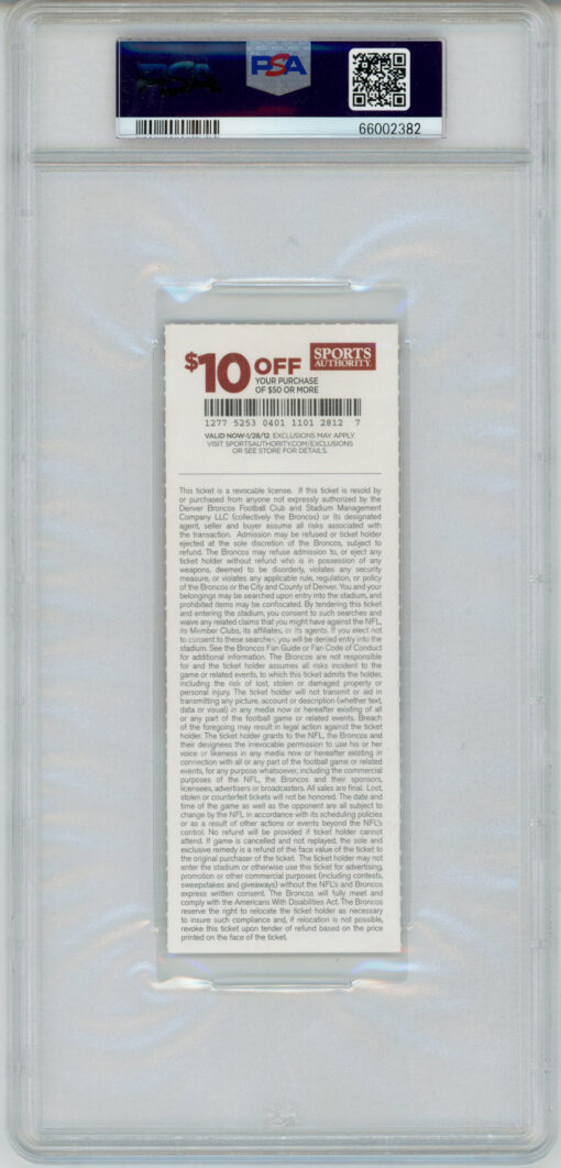 Von Miller Signed 9/12/2011 Ticket w/NFL Debut Grade 9 PSA 10 Slab