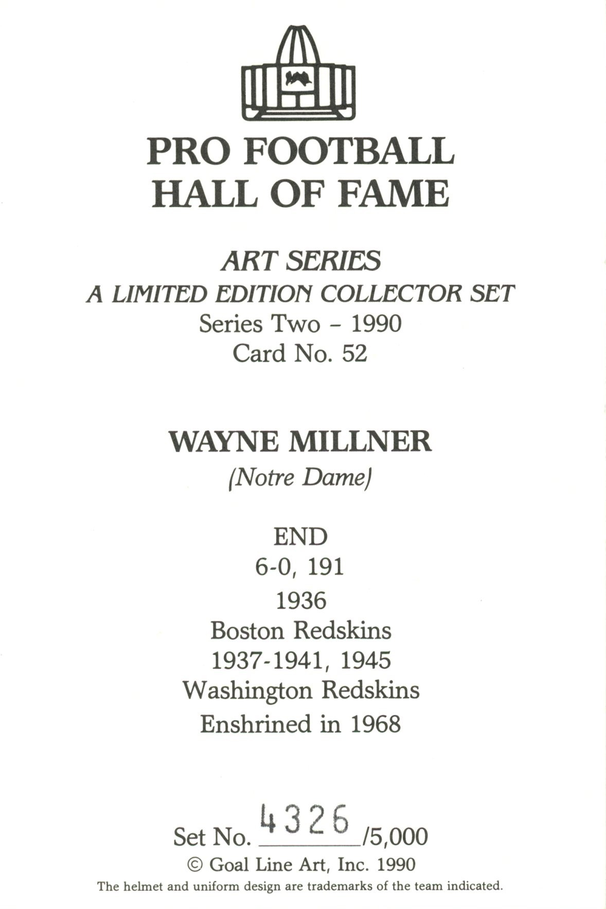 Wayne Millner Washington Redskins Goal Line Art Card Series 2 #52 LE /5000 58119 2 Wayne Millner Washington Redskins Goal Line Art Card Series 2 #52 LE /5000 58119
