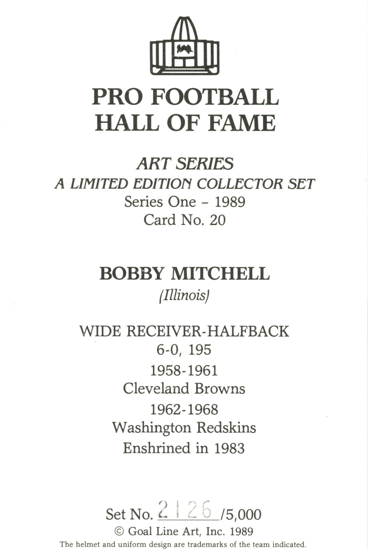 Bobby Mitchell Washington Redskins Goal Line Art Card Series 1 #20 LE/5000 58120 2 Bobby Mitchell Washington Redskins Goal Line Art Card Series 1 #20 LE/5000 58120