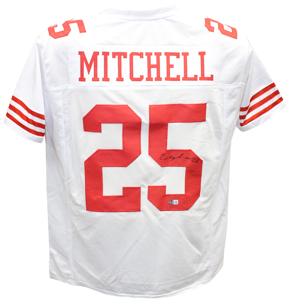 Elijah Mitchell Autographed/Signed Pro Style White Jersey Beckett