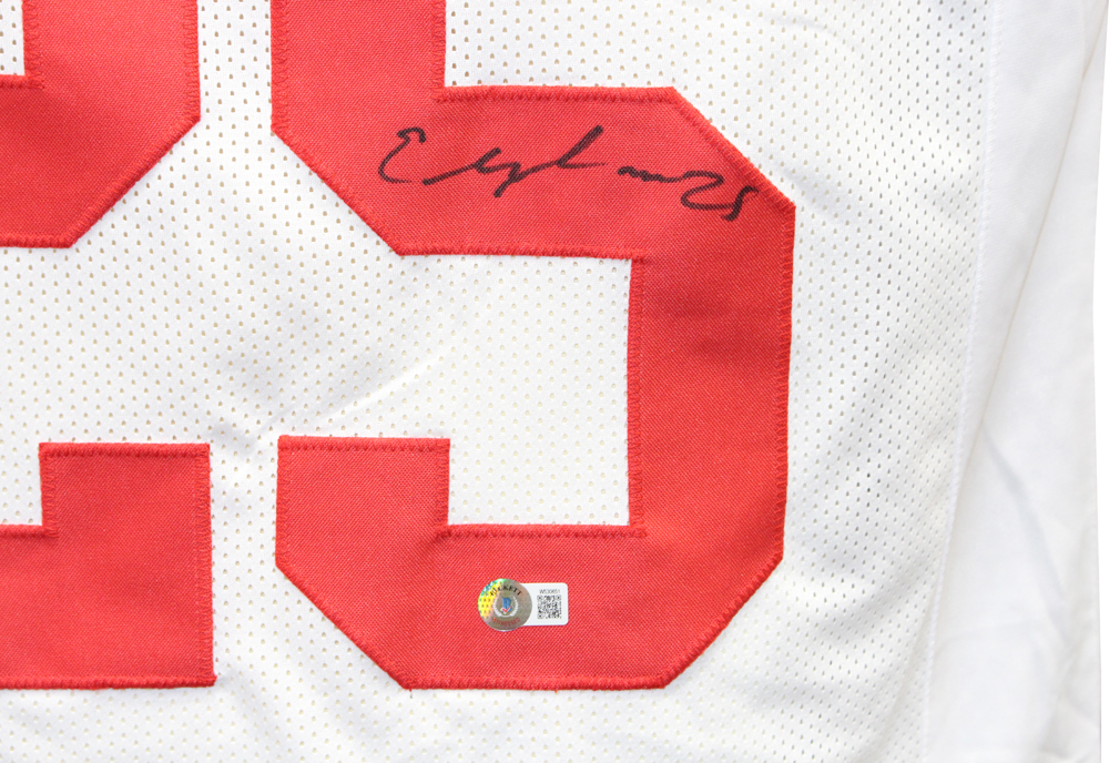 Elijah Mitchell Autographed/Signed Pro Style White Jersey Beckett