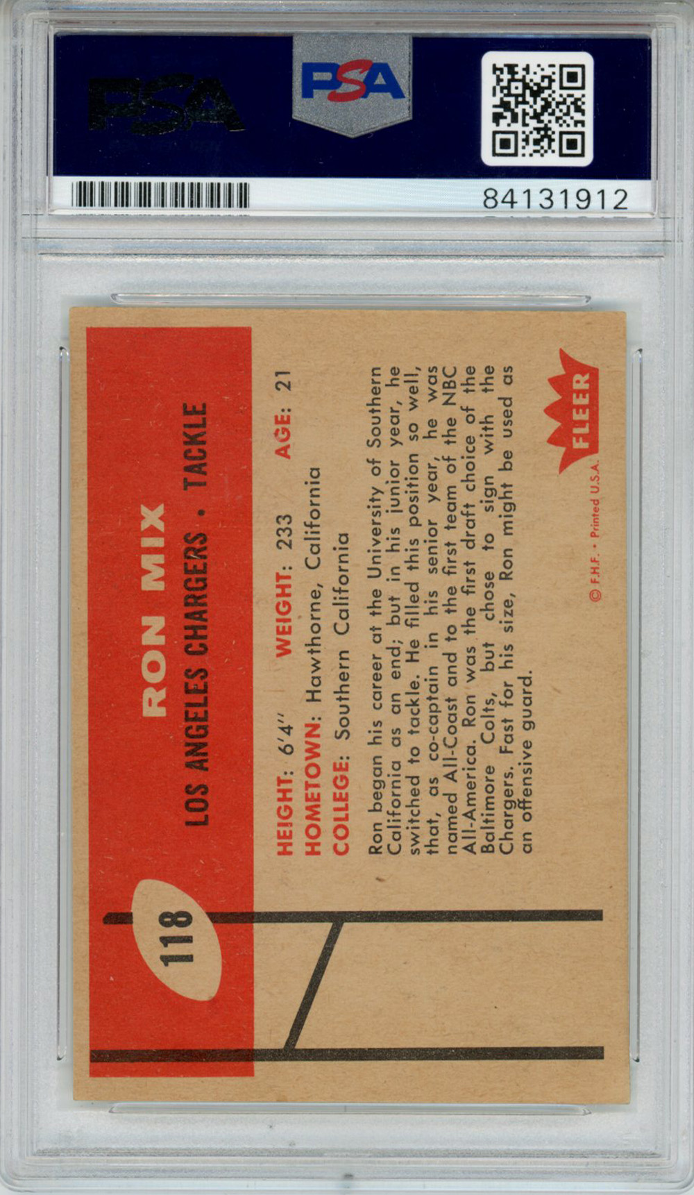 Ron Mix Autographed 1960 Fleer #118 Rookie Card HOF PSA Slab