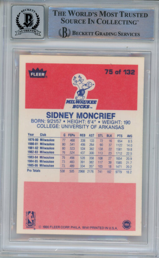 Sidney Moncrief Signed 1986-87 Fleer #75 Rookie Card Beckett 10 Slab