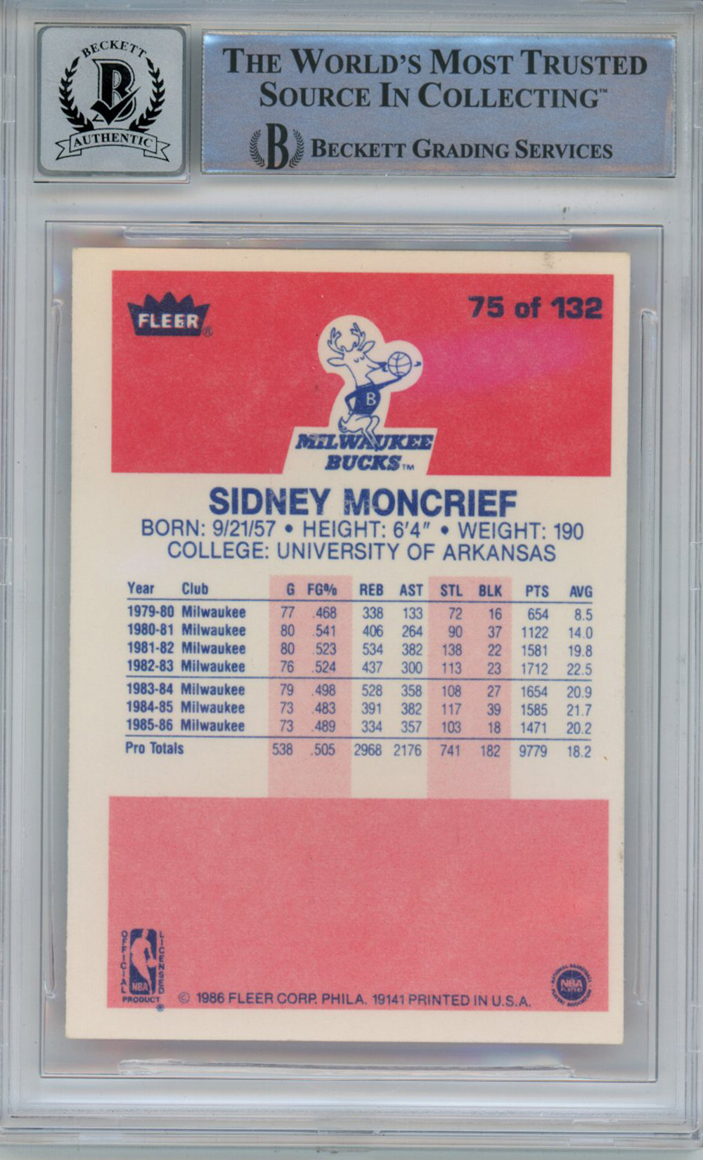 Sidney Moncrief Signed 1986-87 Fleer #75 Rookie Card Beckett 10 Slab