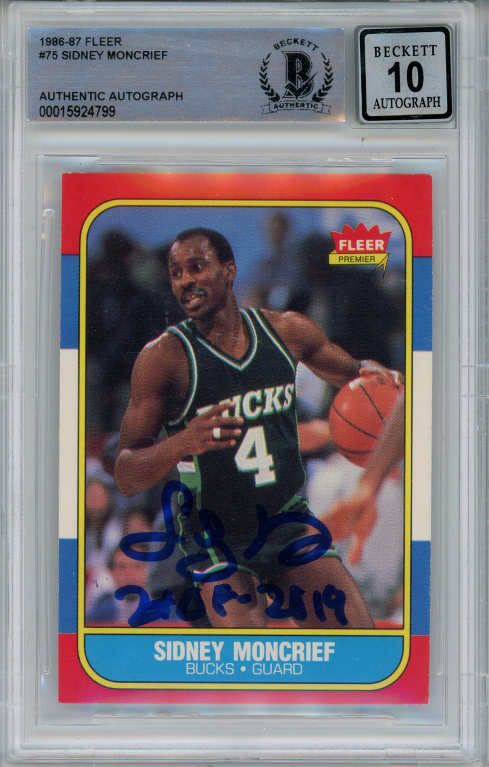 Sidney Moncrief Signed 1986-87 Fleer #75 Rookie Card Beckett 10 Slab