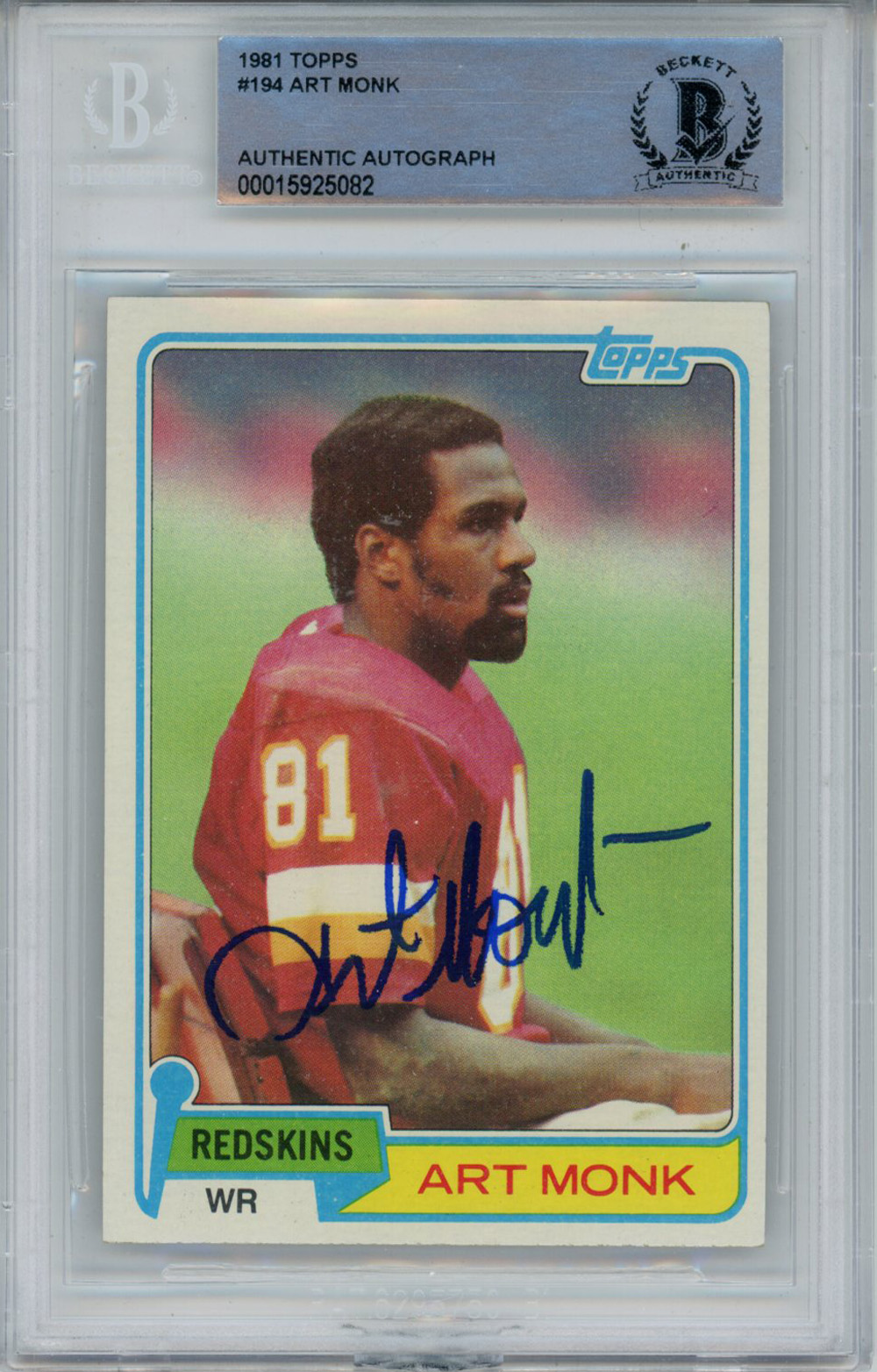 Art Monk Autographed 1981 Topps #194 Rookie Card Beckett Slab