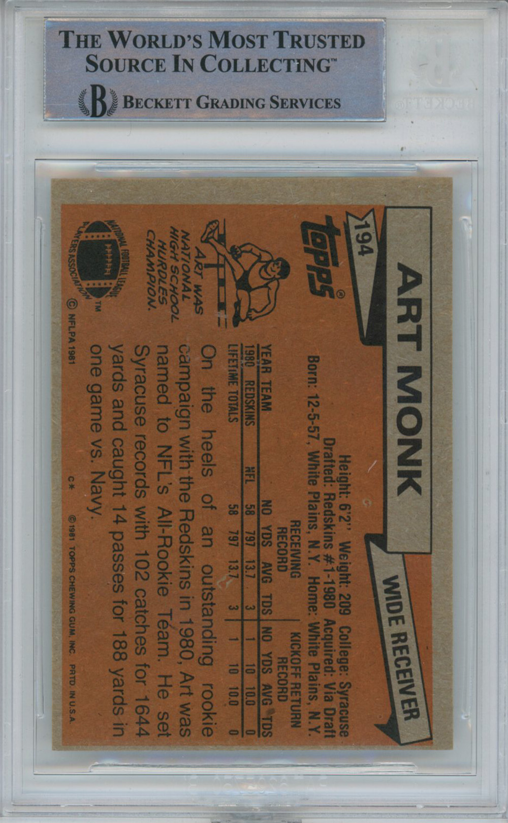 Art Monk Autographed 1981 Topps #194 Rookie Card Beckett Slab