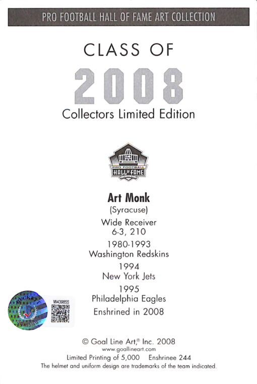 Art Monk Signed Washington Redskins Goal Line Art Card Beckett