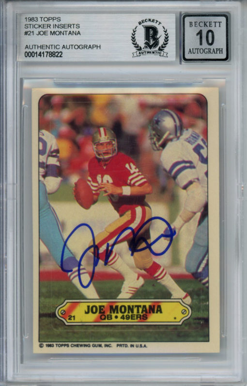 Joe Montana Signed 1983 Topps Sticker #21 Trading Card Beckett 10 Slab