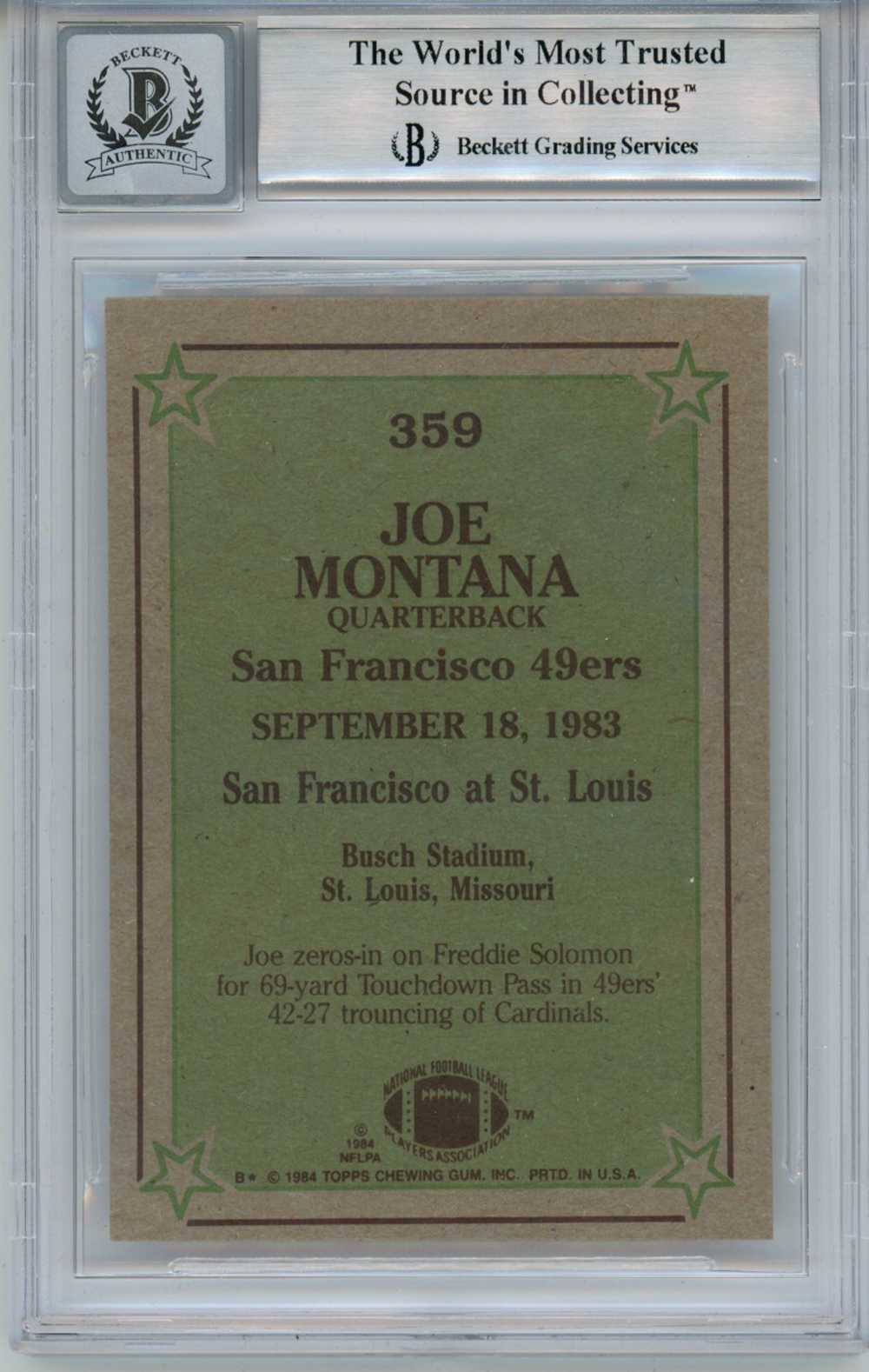 Joe Montana Autographed 1984 Topps #359 Trading Card BAS 10 Slab
