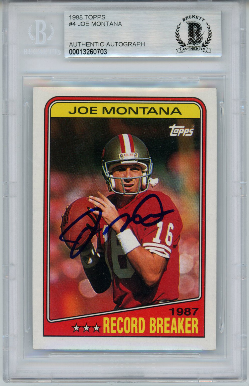 Joe Montana Autographed 1988 Topps #4 Trading Card BAS 10 Slab