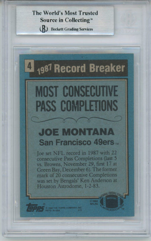 Joe Montana Autographed 1988 Topps #4 Trading Card BAS 10 Slab