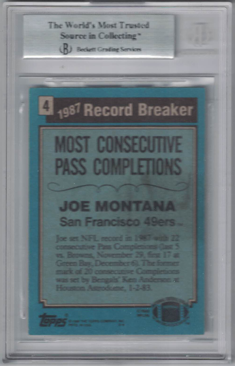 Joe Montana Autographed 1988 Topps #4 Trading Card BAS Slab