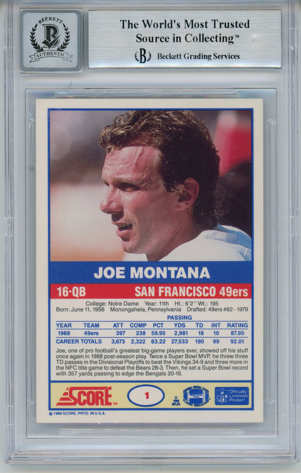 Joe Montana Autographed 1989 Score 1 Trading Card BAS 10 Slab Denver 