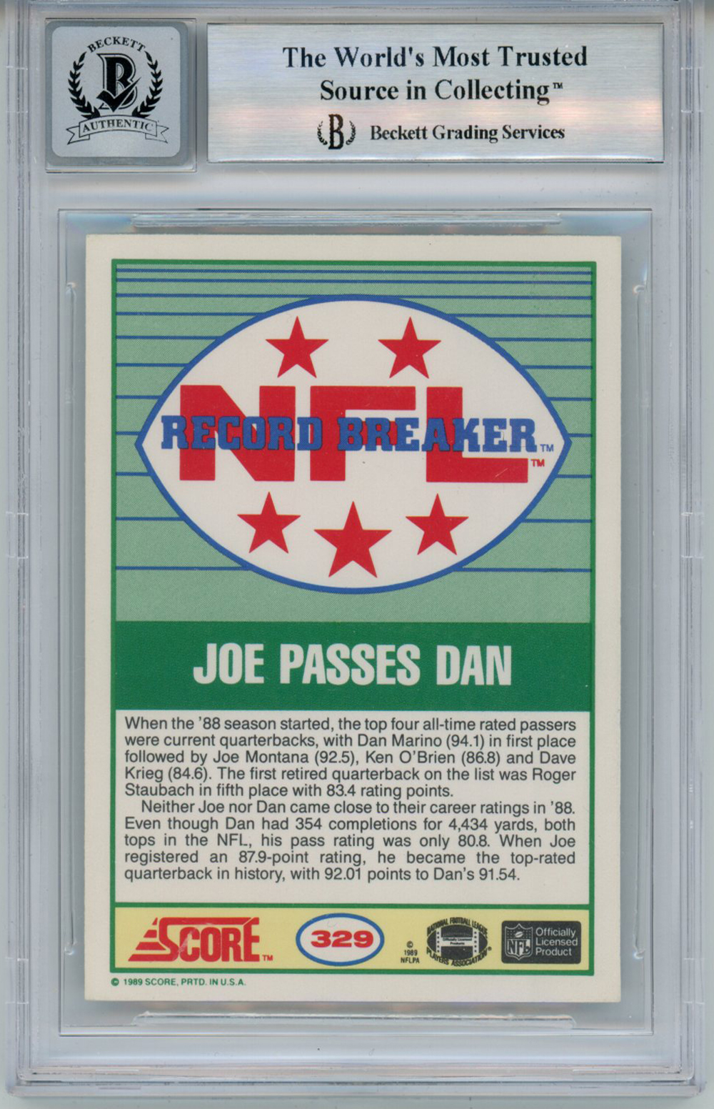 Joe Montana Autographed 1989 Score 329 Trading Card BAS 10 Slab 
