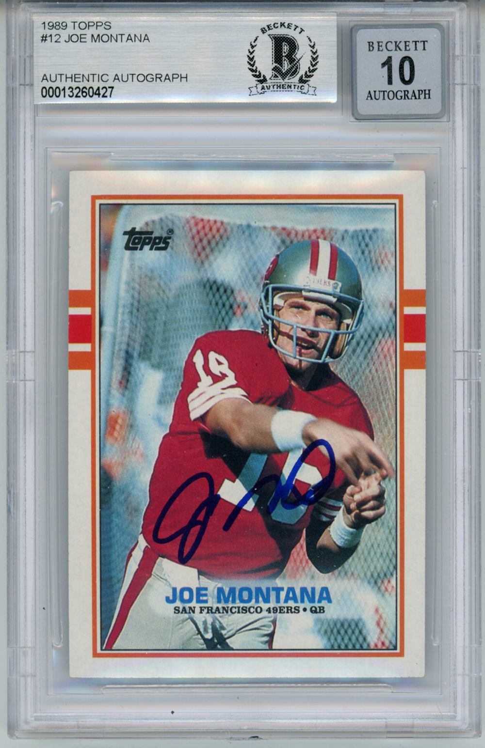 Joe Montana Autographed 1989 Topps #12 Trading Card BAS 10 Slab