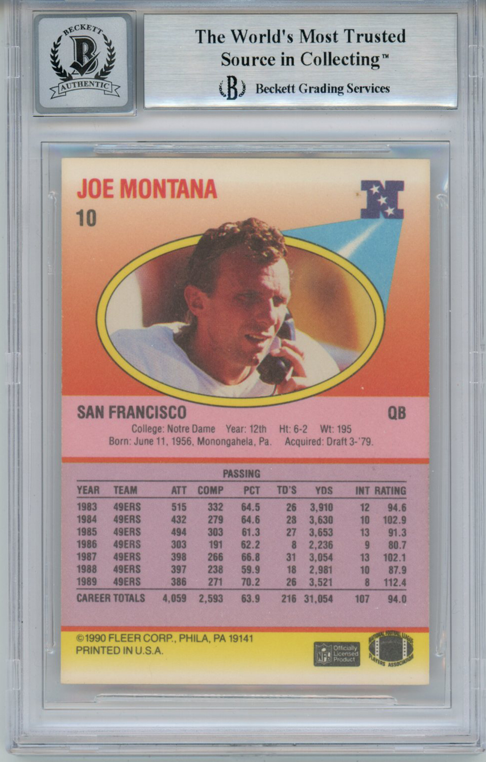 Joe Montana Autographed 1990 Fleer #108 Trading Card BAS 10 Slab