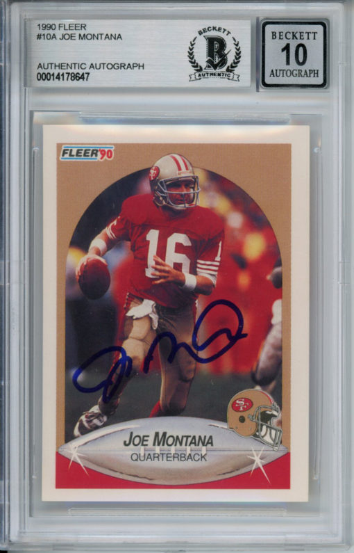 Joe Montana Autographed 1990 Fleer #10 Trading Card Beckett 10 Slab