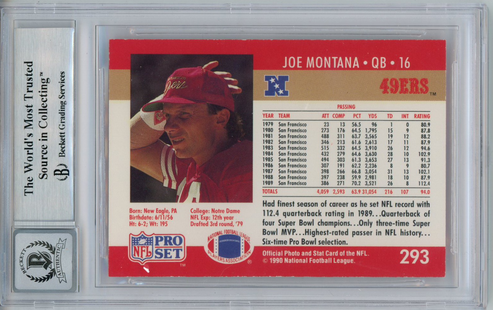 Joe Montana Autographed 1990 Pro Set #293 Trading Card BAS 10 Slab