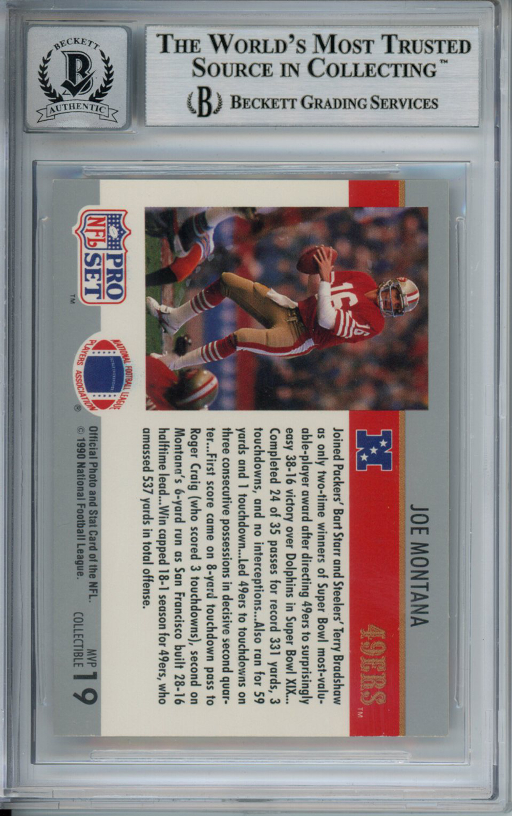 Joe Montana Autographed 1990 Pro Set #19 Trading Card Beckett 10 Slab