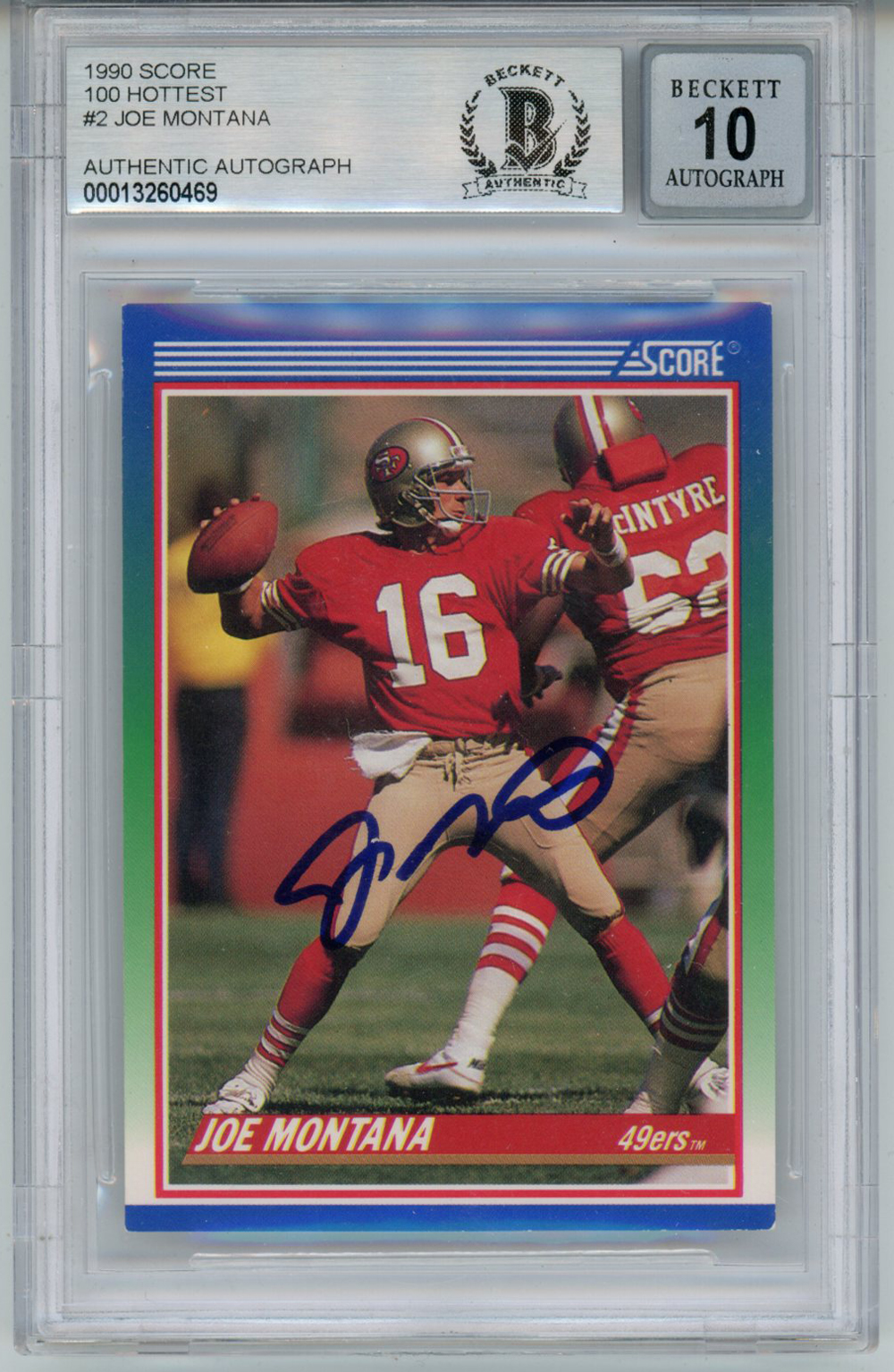 Joe Montana Autographed 1990 Score 100 Hottest #2 Trading Card BAS 10 Slab