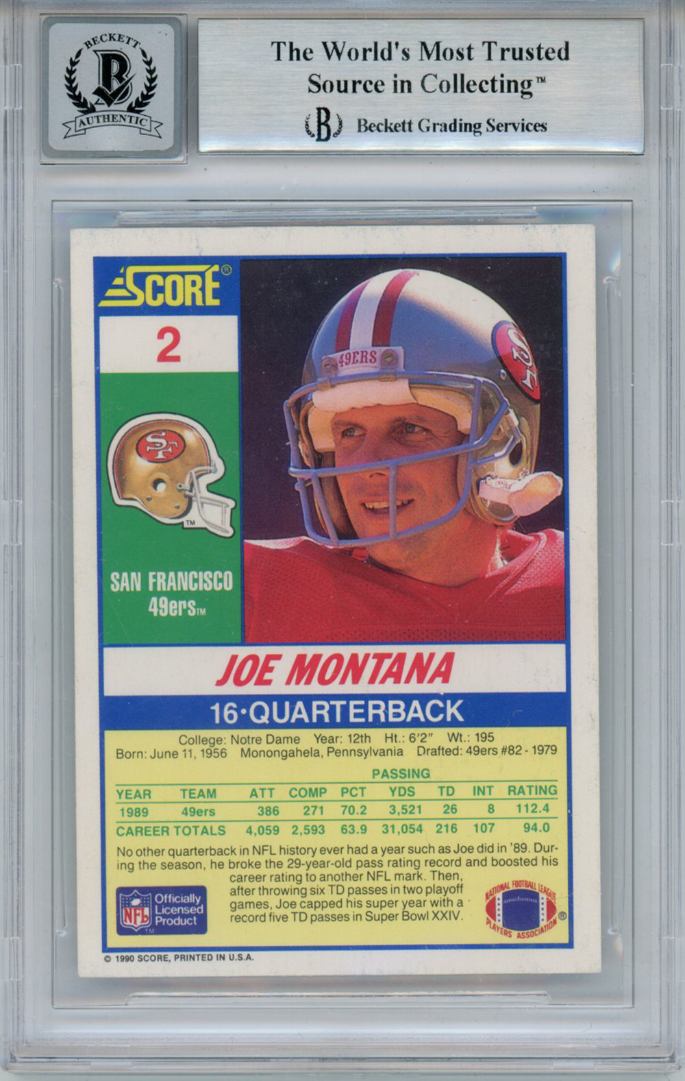 Joe Montana Autographed 1990 Score 100 Hottest #2 Trading Card BAS 10 Slab
