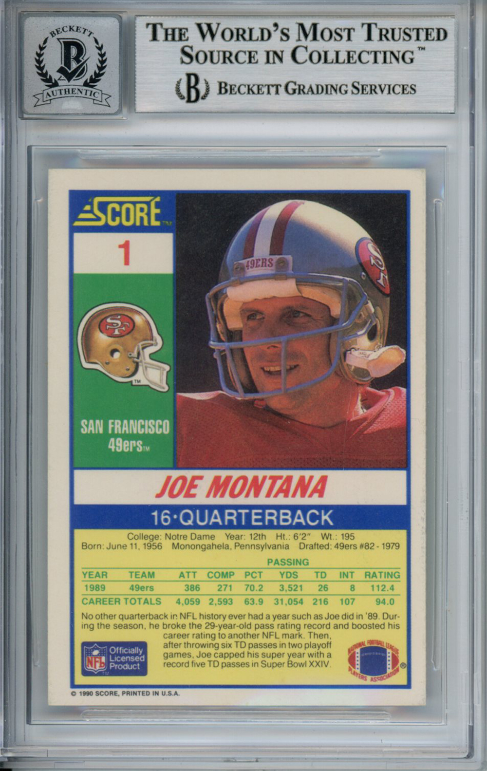 Joe Montana Autographed 1990 Score #1 Trading Card Beckett 10 Slab