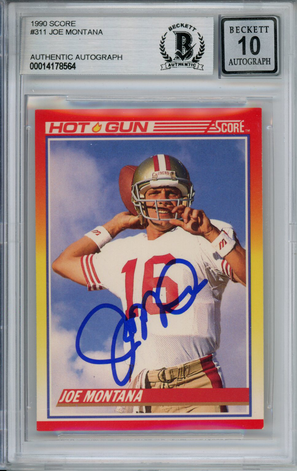 Joe Montana Autographed 1990 Score #311 Trading Card Beckett 10 Slab