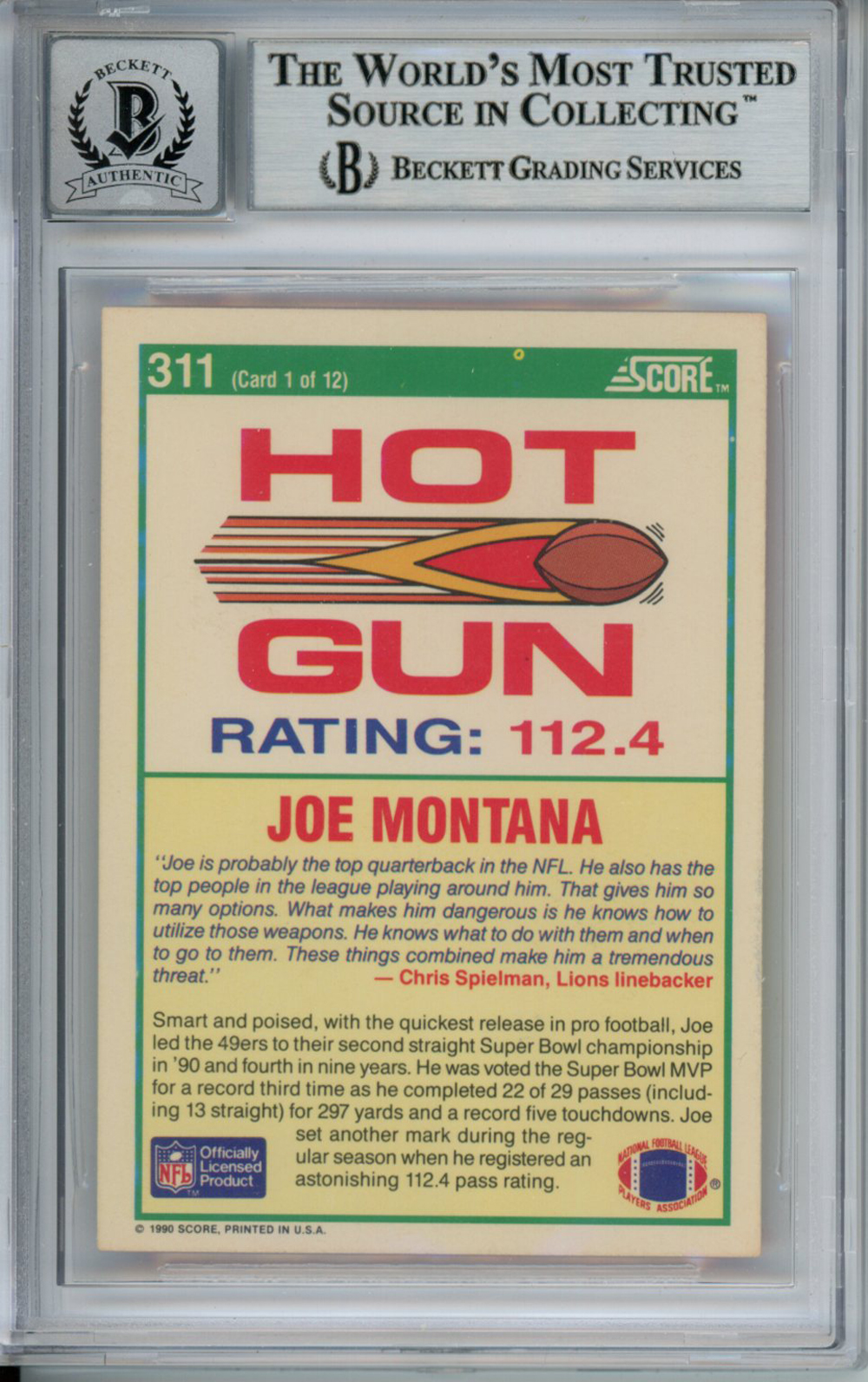 Joe Montana Autographed 1990 Score #311 Trading Card Beckett 10 Slab