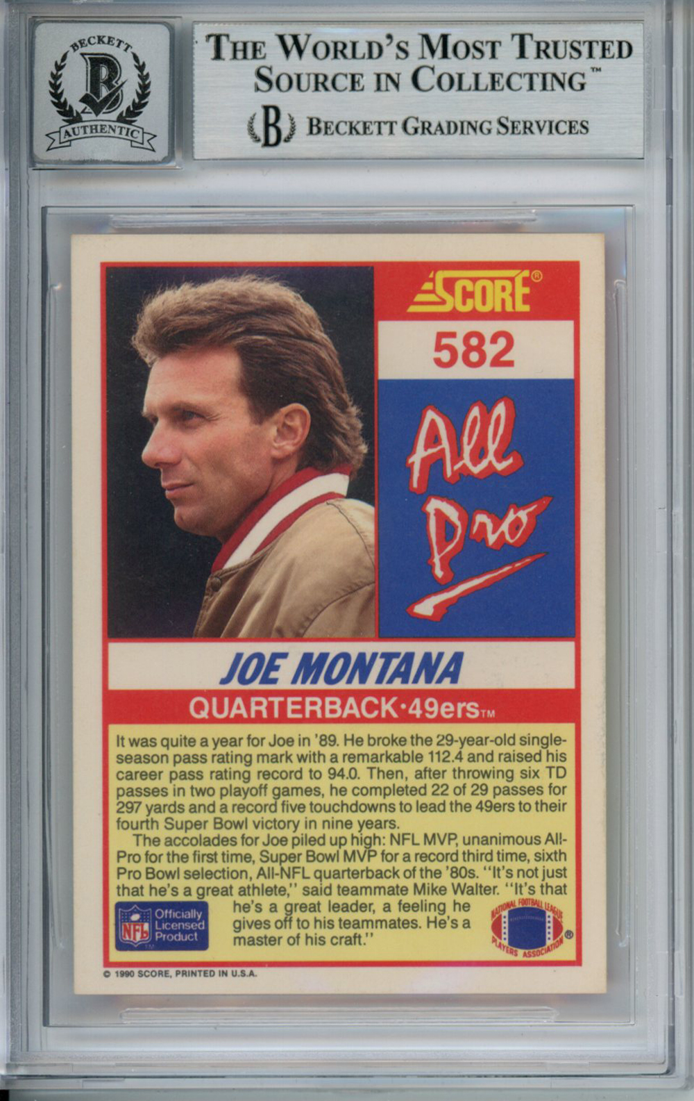 Joe Montana Autographed 1990 Score #582 Trading Card Beckett 10 Slab