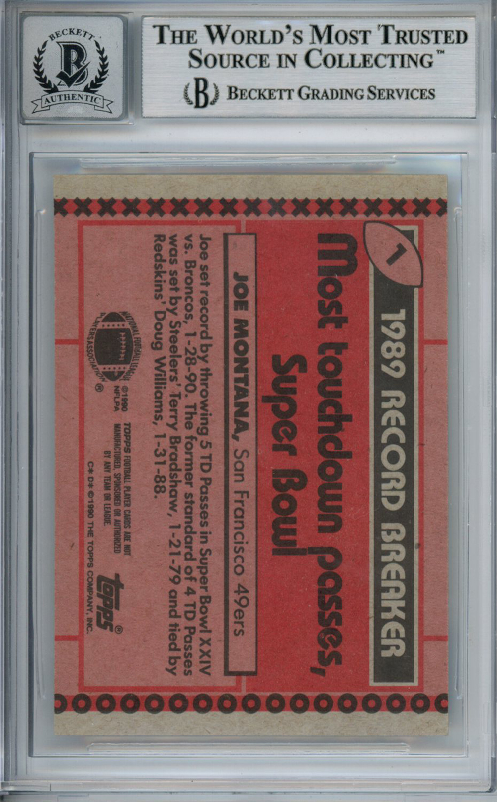 Joe Montana Autographed 1990 Topps #1 Trading Card Beckett 10 Slab