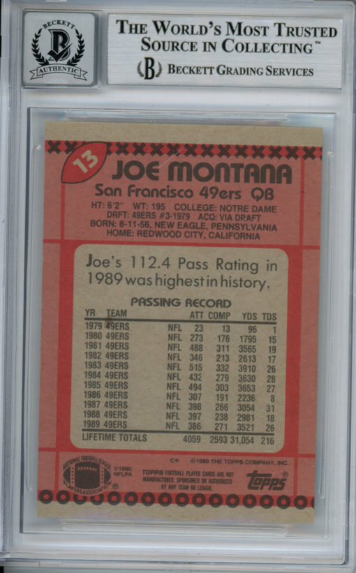 Joe Montana Autographed 1990 Topps #13 Trading Card Beckett 10 Slab