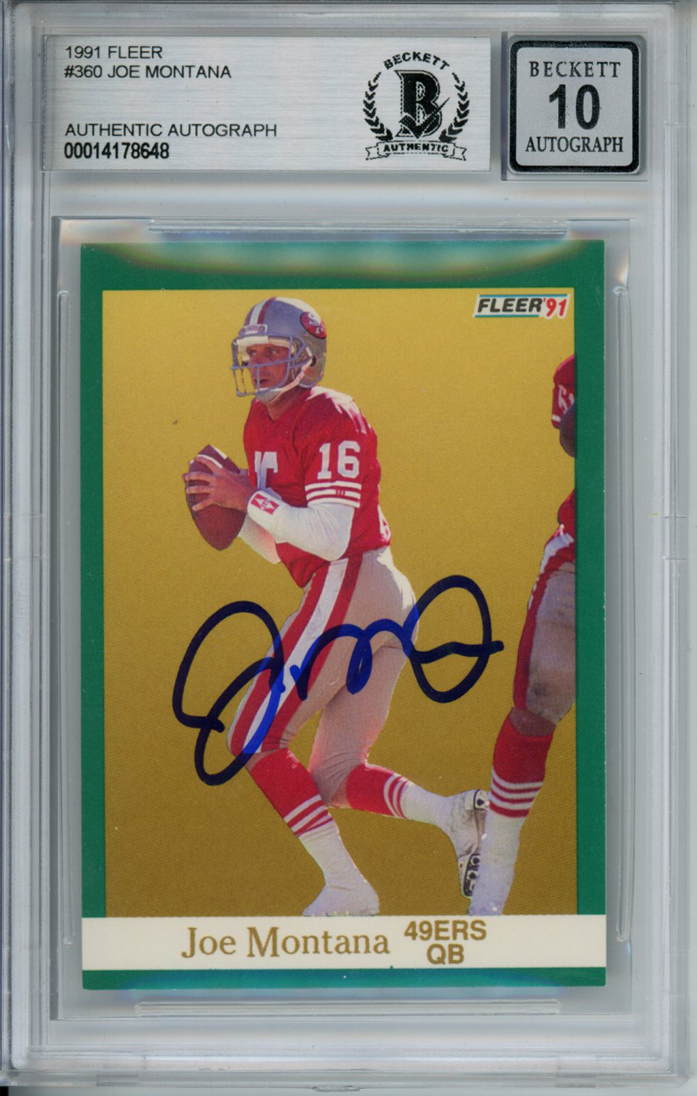 Joe Montana Autographed 1991 Fleer #360 Trading Card Beckett 10 Slab