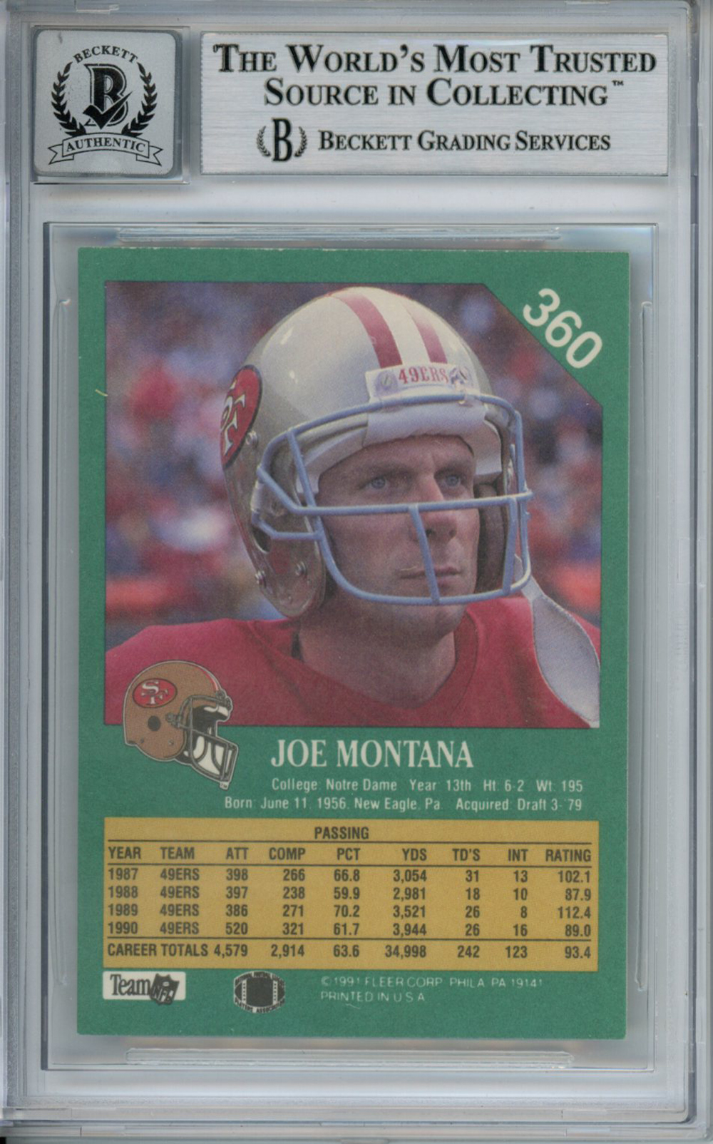 Joe Montana Autographed 1991 Fleer #360 Trading Card Beckett 10 Slab