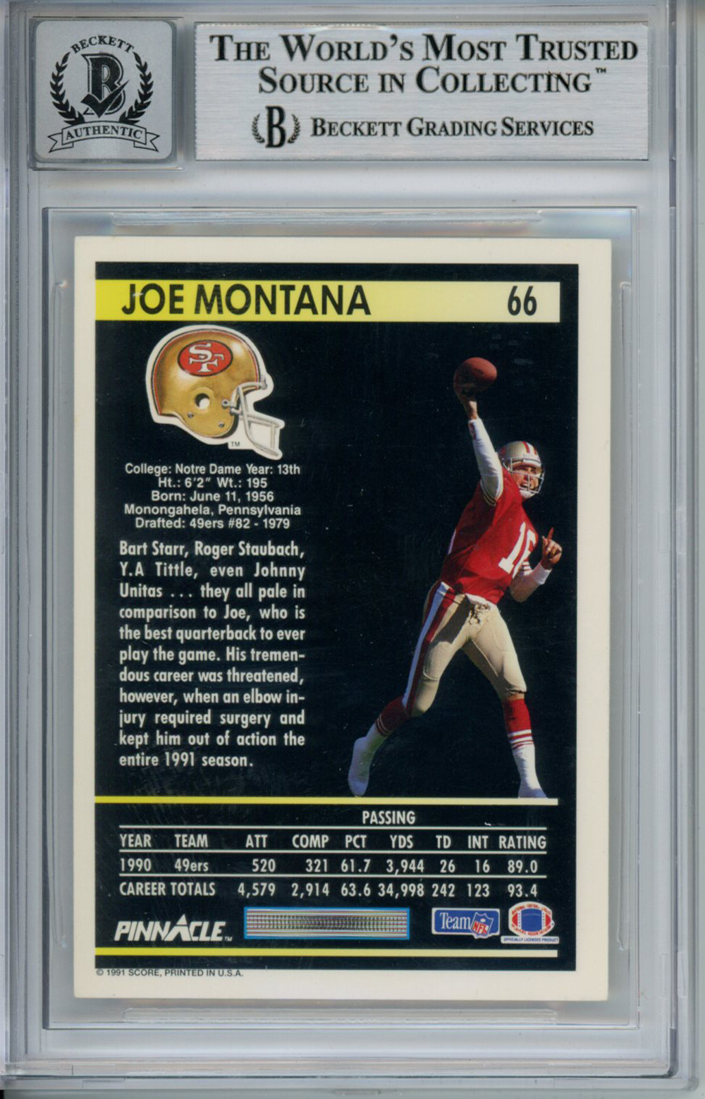 Joe Montana Autographed 1991 Pinnacle #66 Trading Card Beckett 10 Slab