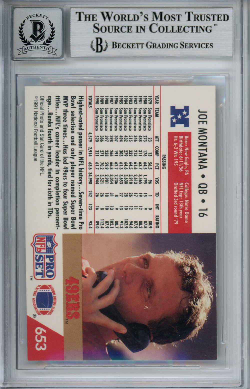 Joe Montana Autographed 1991 Pro Set #653 Trading Card Beckett 10 Slab