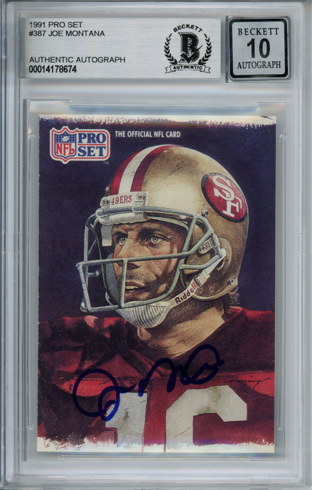 Joe Montana Autographed 1991 Pro Set #387 Trading Card Beckett 10 Slab