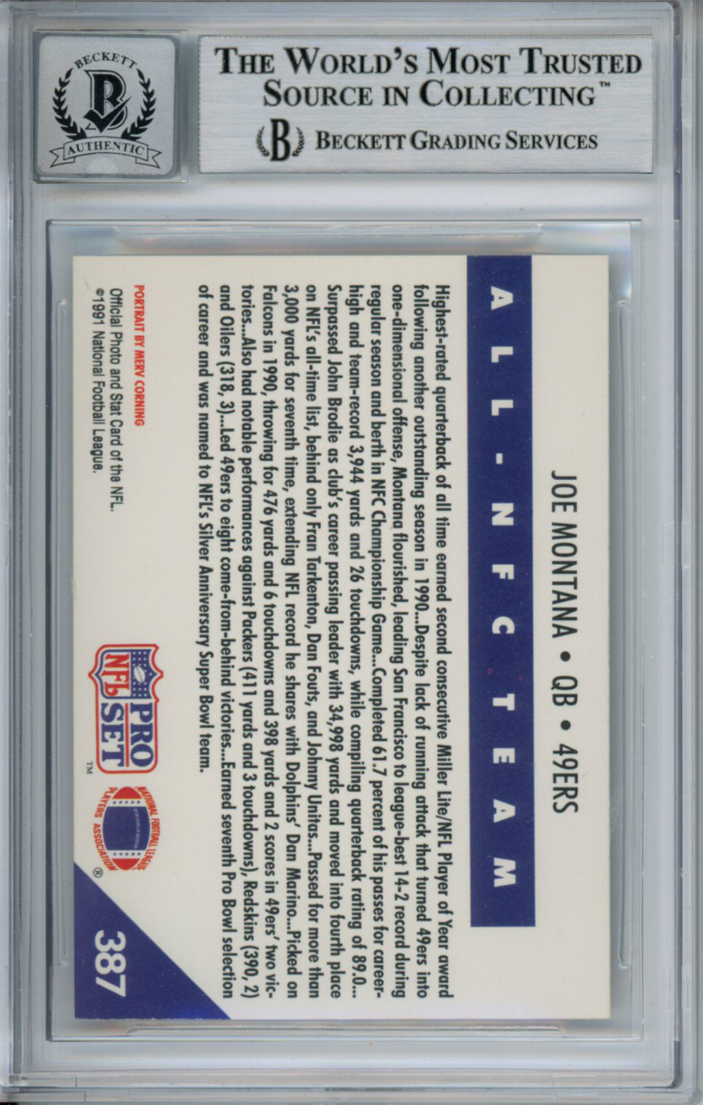 Joe Montana Autographed 1991 Pro Set #387 Trading Card Beckett 10 Slab